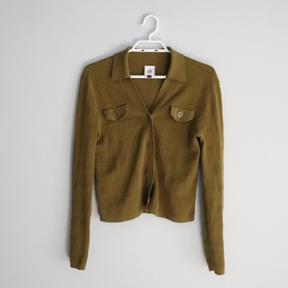 Cabi‎ Polo Flap-Pocket Collared XS Green Ribbed Long Sleeve Cardigan